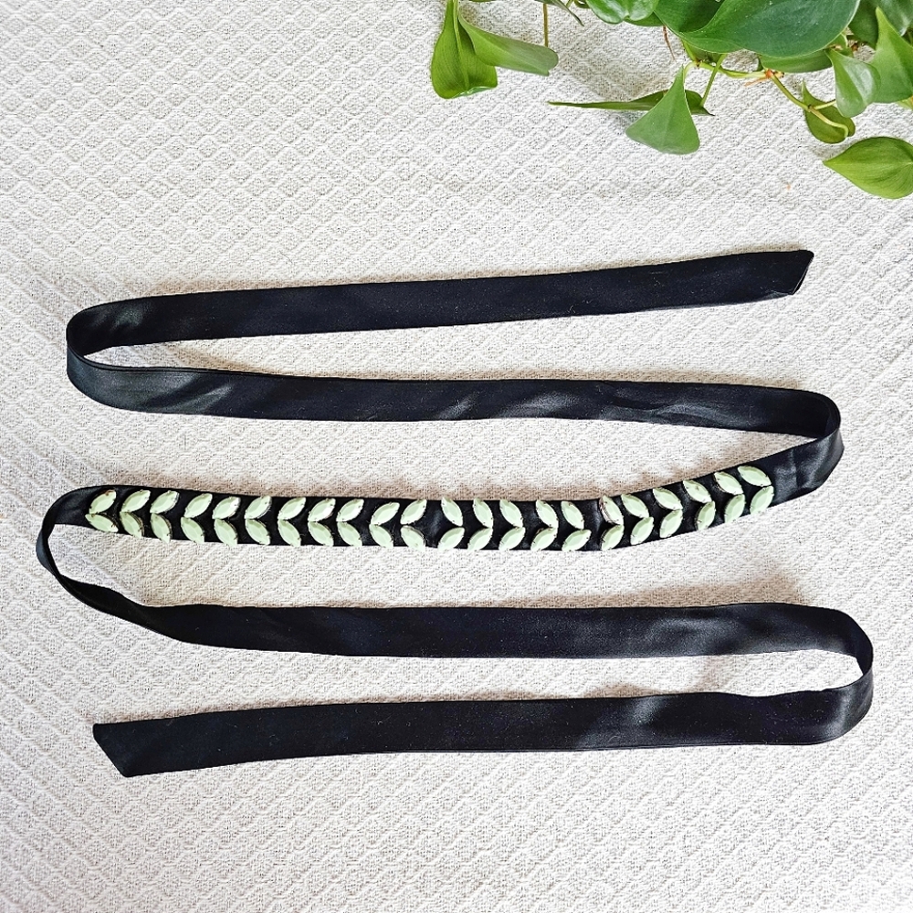 J.Crew Black Silk Blend Embellished Sash Belt Headband Mint Stones